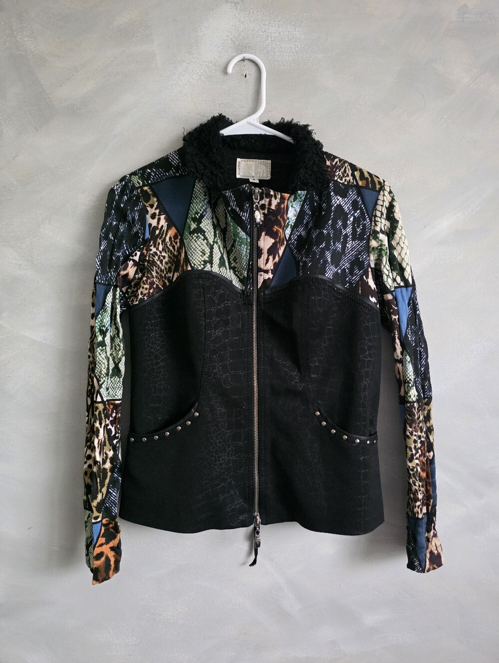 Vtg 90s Alberto Makali Animal Print Patchwork Corset Jacket Faux Fur Collar S